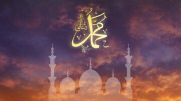 نص إبداعي يحمل اسم محمد بخط جميل مع خلفية غائمة ملونة تتضمن معالم معمارية لمسجد. يعبّر التصميم عن الجمال الروحي والثقافي للإسلام.