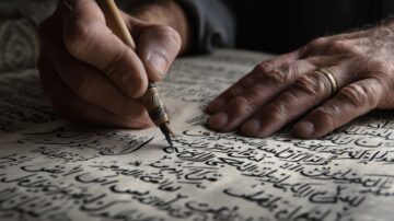 رجل يكتب بخط اليد على ورقة تحتوي على نص عربي قديم، يركز على تفاصيل الكتابة باستخدام قلم. تظهر يداه بوضوح، مع ظهور خاتم في إصبعه.