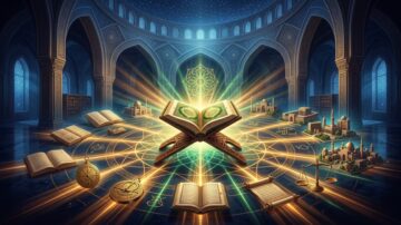 كتاب مفتوح يضيء في قاعة فاخرة ذات قبة مزخرفة، محاط بعدد من الكتب والرموز العلمية والدينية. يرمز التصميم إلى المعرفة والإلهام، مع توهج ذهبي يبرز أهمية التعليم والثقافة.