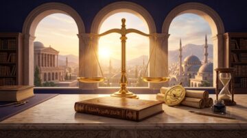 ميزان العدالة الذهبي يقع على مكتب أنيق، مع خلفية تظهر نوافذ تطل على مناظر طبيعية جميلة تضم معالم تاريخية ومساجد. تتواجد ساعة رملية ولفائف مخطوطة بجانب الميزان، مما يعكس موضوع العدالة والقانون.