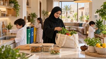 امرأة ترتدي الحجاب تفرغ الخضروات من حقيبة تسوق في مطبخ عصري، بينما يقوم طفلان بغسل الفواكه والخضروات في الخلفية. يعكس المشهد بيئة منزلية مريحة ومليئة بالنباتات، مع إضاءة طبيعية وألوان دافئة.