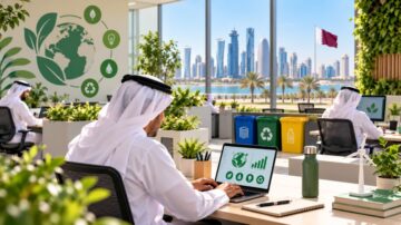 رجل يرتدي الزي التقليدي القطري يعمل على لابتوب في مكتب حديث يطل على skyline لمدينة الدوحة. يتضمن المكتب نباتات خضراء وشعارات بيئية، بالإضافة إلى صناديق إعادة تدوير. تعكس الصورة بيئة عمل مستدامة ومبتكرة.