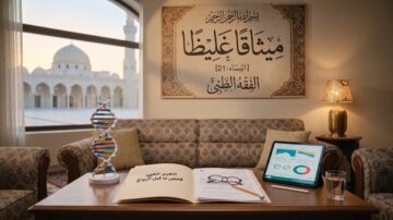 ملف طبي مفتوح بعنوان ' المرض قبل الزواج' ومجسم للحمض النووي على طاولة، وخلفه لوحة جدارية تحمل عبارة 'ميثاقاً غليظاً' و'الفقه الطبي