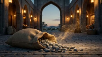 كيس مملوء بالحجارة ملقاة على أرضية حجرية في سوق قديم، مع إضاءة دافئة من الفوانيس. في الخلفية، يظهر قوس معماري يطل على منظر طبيعي مع أشجار وظلال، مما يضفي جوًا من التاريخ والتراث.