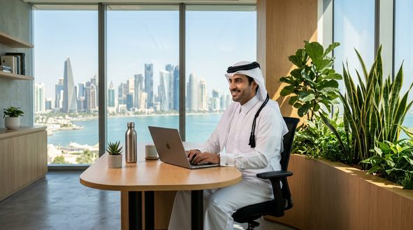 رجل أعمال يرتدي الزي التقليدي العربي يجلس أمام كمبيوتر محمول في مكتب حديث مع إطلالة على مدينة عالية المباني. تحتوي الغرفة على نباتات خضراء وزرع، مما يضفي طابعاً منعشاً.