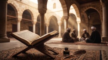 مدرسة الحديث بالمدينة المنورة: كتاب مفتوح على حامل، مع مشهد لمجموعة من الرجال يجلسون في فناء معماري تاريخي.