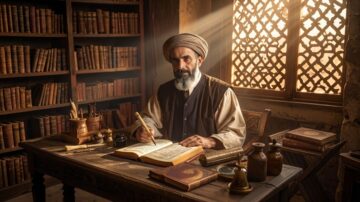 رجل مسن ذو لحية يجلس على طاولة خشبية في مكتبة تقليدية، محاط بكتب قديمة وأدوات كتابة. تضيء أشعة الشمس الغرفة من خلال نافذة مزخرفة، مما يخلق جوًا هادئًا. يركز الرجل على كتابة نص في دفتر مفتوح أمامه.