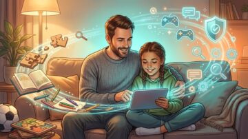 أب وابنته يجلسان معًا على أريكة، الأب يساعد ابنته على استخدام جهاز لوحي. تحيط بهم رموز تعليمية وترفيهية، مثل الألعاب والألغاز، مما يبرز أهمية التعلم والتفاعل الرقمي في حياة الأسرة.