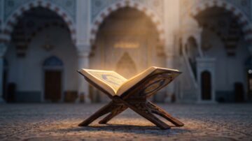 تأليف قلوب المسلمين الجدد: كتاب مفتوح على حامل في ساحة مسجد، مع ضوء خافت يتسلل من حوله، يبرز تفاصيل الصفحات.