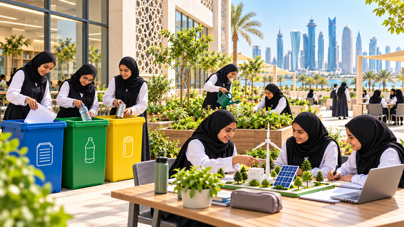 مجموعة من الطالبات يرتدين الحجاب، يعملن في حديقة خضراء مع مناظر لمدينة حديثة في الخلفية. يشاركن في أنشطة مستدامة مثل إعادة التدوير وإنشاء نماذج للطاقة الشمسية وطاقة الرياح، مع وجود صناديق فرز للنفايات.
