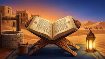 كتاب مفتوح على حامل خشبي في صحراء، مع مناظر لقلعة وصهاريج في الخلفية. يشع ضوء المصباح بجانب الكتاب، بينما تسير الجمال في الأفق. تعكس الصورة جمال الثقافة العربية والتراث الإسلامي.